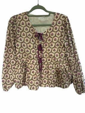 Shop The Mint Purple Floral Block Print Tie-Front Peplum Blouse Size M